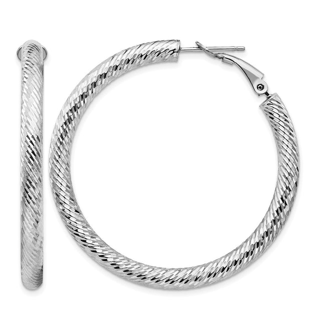 14k White Gold Diamond-cut Round Omega Back Hoop Earrings, 45 x 4mm