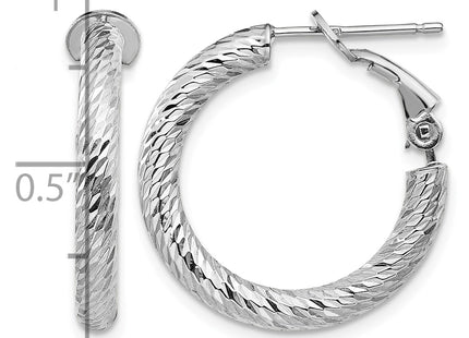 14k White Gold Diamond-cut Round Omega Back Hoop Earrings, 21 x 3mm