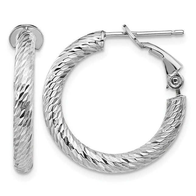 14k White Gold Diamond-cut Round Omega Back Hoop Earrings, 21 x 3mm