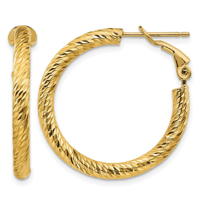 14k Diamond-cut Round Omega Back Hoop Earrings, 27 x 3mm