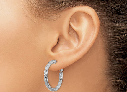 14k White Gold Diamond-cut Round Omega Back Hoop Earrings, 27 x 3mm