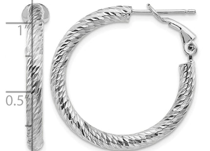 14k White Gold Diamond-cut Round Omega Back Hoop Earrings, 27 x 3mm
