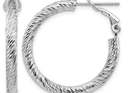14k White Gold Diamond-cut Round Omega Back Hoop Earrings, 27 x 3mm