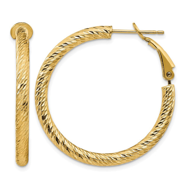 14k Diamond-cut Round Omega Back Hoop Earrings, 32 x 3mm