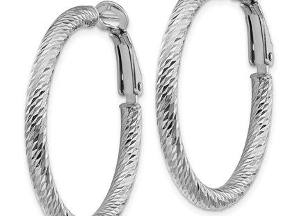 14k White Gold Diamond-cut Round Omega Back Hoop Earrings (Style PRE940W)