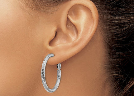 14k White Gold Diamond-cut Round Omega Back Hoop Earrings (Style PRE940W)