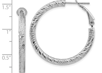 14k White Gold Diamond-cut Round Omega Back Hoop Earrings (Style PRE940W)