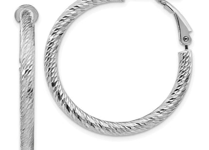 14k White Gold Diamond-cut Round Omega Back Hoop Earrings (Style PRE940W)