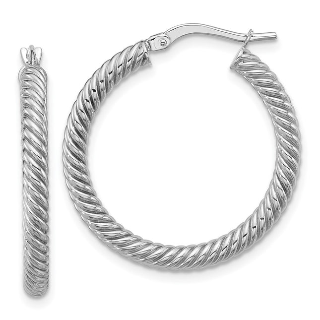 14k White Gold Twisted Round Hoop Earrings, 26 x 3mm