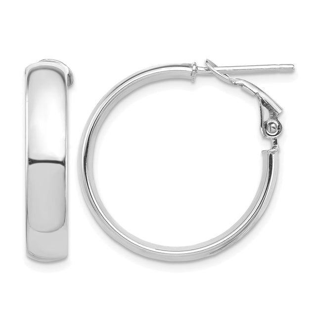 14k White Gold High Polished Omega Back Hoop Earrings, 26 x 5mm