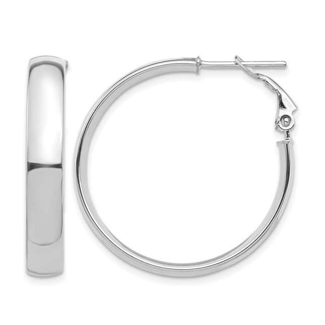 14k White Gold High Polished Omega Back Hoop Earrings, 30.25 x 5mm