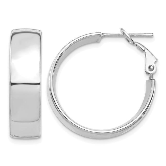 14k White Gold High Polished Omega Back Hoop Earrings, 24.5 x 7mm
