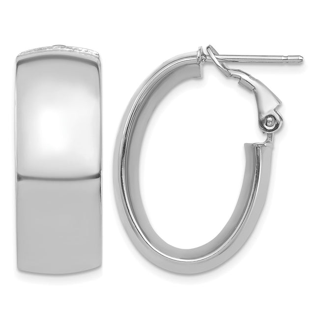 14k White Gold High Polished Omega Back Oval Hoop Earrings, 25.75 x 10mm