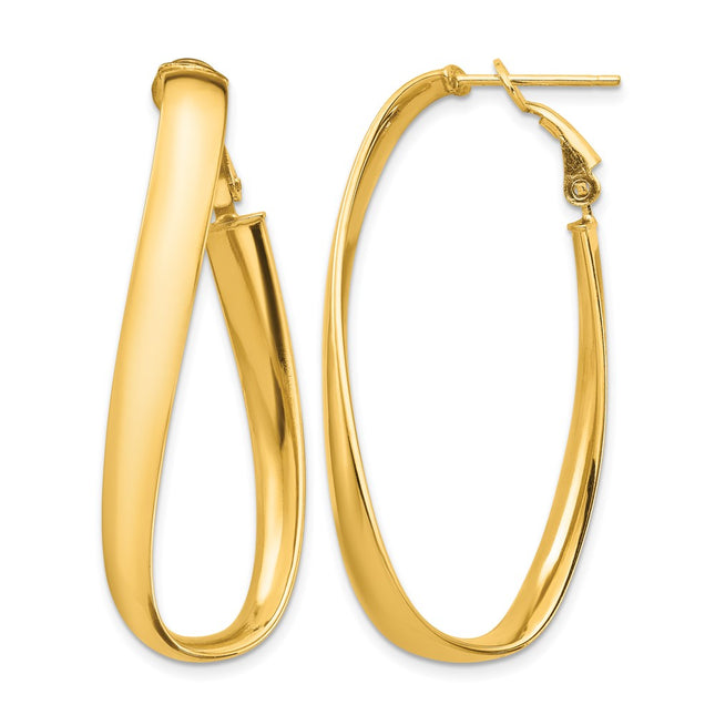 14k High Polished Twisted Oval Omega Back Hoop Earrings, 42.25 x 5mm