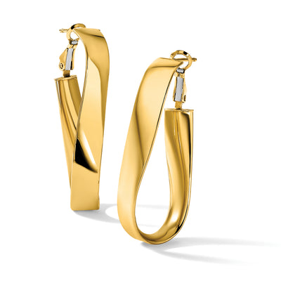 14K High Polished Twisted Omega Back Oval Hoop Earrings