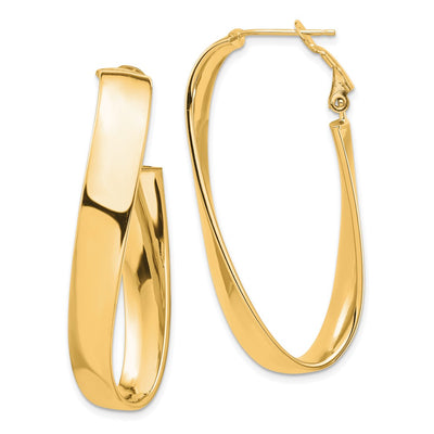 14K High Polished Twisted Omega Back Oval Hoop Earrings