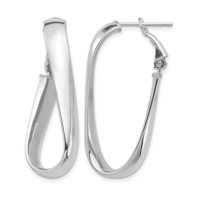 14k White Gold Polished Twisted Oval Omega Back Hoop Earrings, 35.5 x 5mm