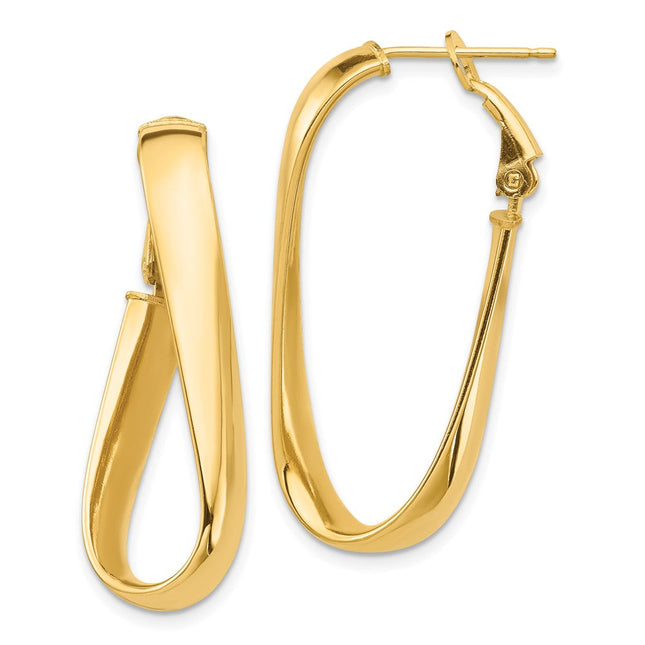 14k High Polished Twisted Oval Omega Back Hoop Earrings, 35.5 x 5mm