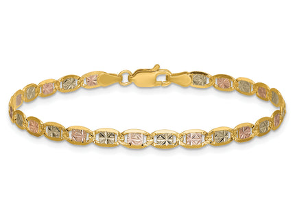 14K Tri-color Pav Valentino with Lobster Clasp Bracelet, 7 x 3.8mm