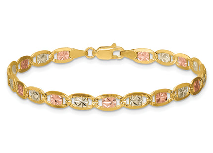14K Tri-color Pav Valentino with Lobster Clasp Bracelet, 7 x 4.65mm