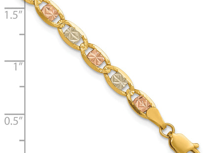 14K Tri-color Pav Valentino with Lobster Clasp Bracelet, 7 x 4.65mm