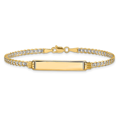 14K Polished with Rhodium Pavé Solid Chain/Solid Plate Curb Link Plate ID Bracelet