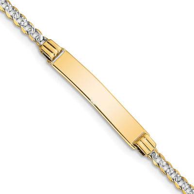 14K Polished with Rhodium Pavé Solid Chain/Solid Plate Curb Link Plate ID Bracelet