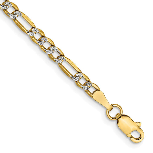 14K Semi-Solid with Rhodium Pav Figaro with Lobster Clasp Bracelet, 7 x 3.2mm