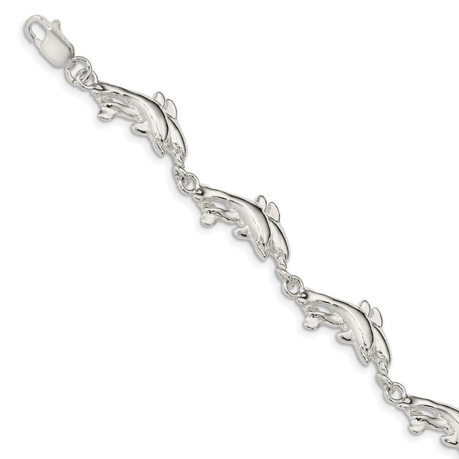 Sterling Silver Dolphins Bracelet, 7 x 11mm