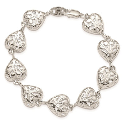 Sterling Silver Fancy Filigree Heart Bracelet