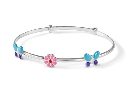 Sterling Silver Enameled Flower & Butterfly Adjustable Children's Bangle