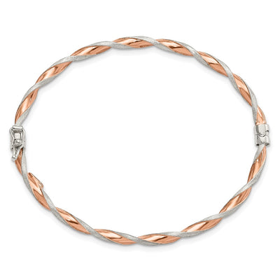 Sterling Silver Rose-tone Satin/Polish Twisted Hinged Bangle