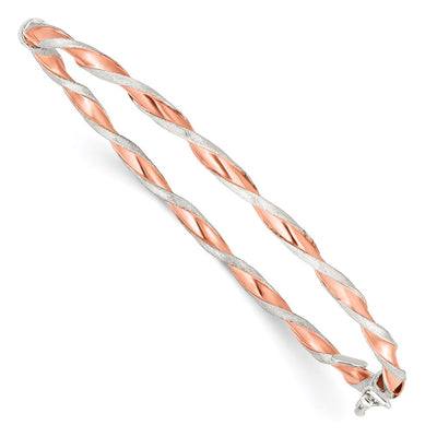 Sterling Silver Rose-tone Satin/Polish Twisted Hinged Bangle