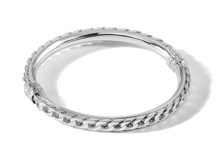 Sterling Silver Polished Rhodium-plated Textured Link Hinged Bangle Bracele