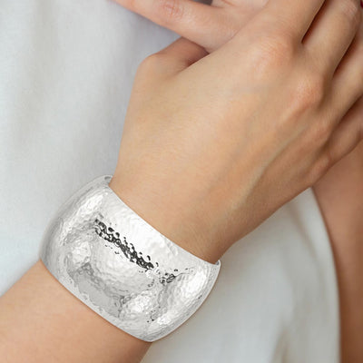 Sterling Silver Polished Domed Hammered Cuff Bangle