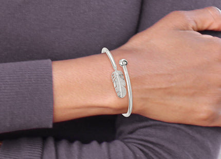 Sterling Silver Polished and Grooved Feather Bypass Cuff Bangle