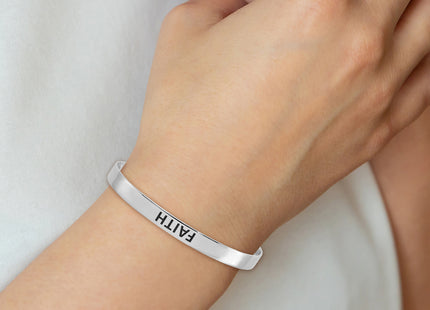 Sterling Silver Rhodium-plated Polished Enameled FAITH Cuff Bangle