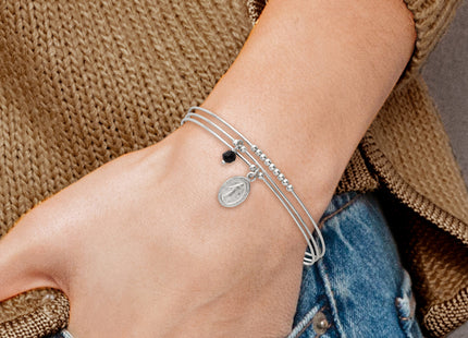 Sterling Silver Polished Beaded Miraculous Medal and Black Glass Bead Triple Band Slip-on Bangle Bracelet