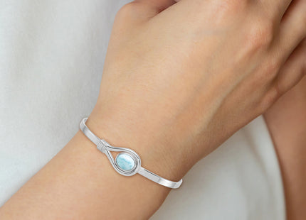 Sterling Silver Rhodium-plated Polished and Textured Larimar Cabochon Flexible Bangle