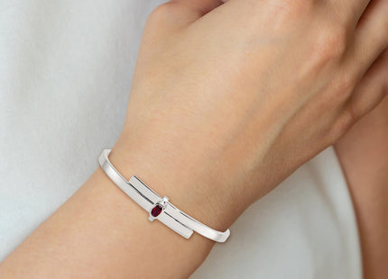 Sterling Silver Polished Oval Red CZ Slip On Expandable Bangle