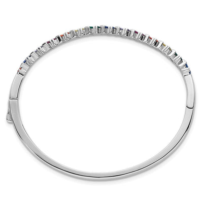 Sterling Silver Rhodium-plated Polished Multi-color Rainbow Round and Emerald-shape Nano Crystal Hinged Bangle