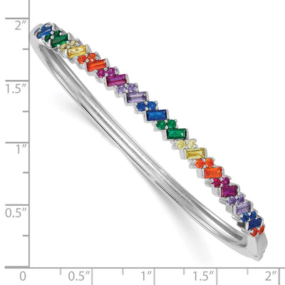 Sterling Silver Rhodium-plated Polished Multi-color Rainbow Round and Emerald-shape Nano Crystal Hinged Bangle