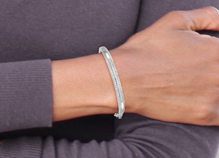 Sterling Silver Rhodium-plated Polished CZ Hinged Bangle