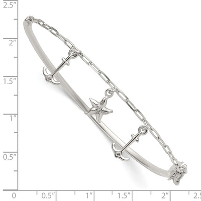 Sterling Silver Polished Anchor and Starfish Charms Half Bangle Bracelet