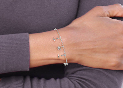 Sterling Silver Polished Anchor and Starfish Charms Half Bangle Bracelet