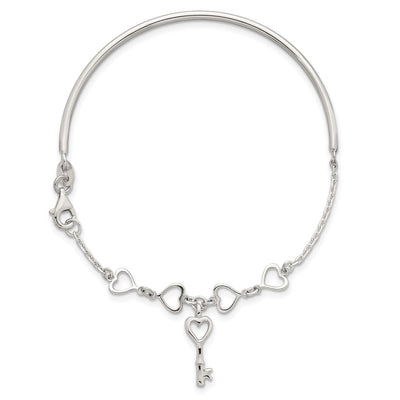 Sterling Silver Polished Open Hearts and Key Charms Half Bangle Bracelet
