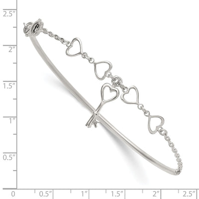 Sterling Silver Polished Open Hearts and Key Charms Half Bangle Bracelet