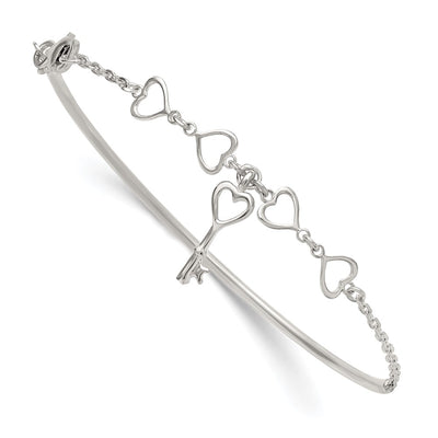 Sterling Silver Polished Open Hearts and Key Charms Half Bangle Bracelet