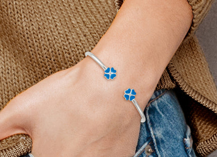 Sterling Silver Polished Blue Enamel Clover Childrens Cuff Bracelet
