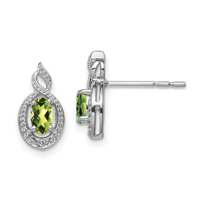 Sterling Silver Rhodium-plated Peridot & Diam. Earrings, 13 x 7mm
